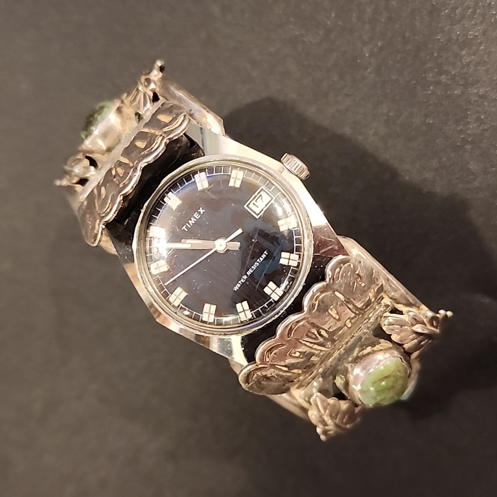 Signed Navajo Sterling 119.2 Grams and Turquoise Timex Cuff Watch SIGNED JP